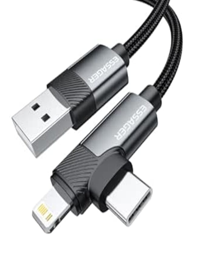 كابل موصل مزدوج USB-A إلى USB-C + منفذ متوافق مع آيفون (شحن سريع 3A) - متين مع حبل نايلون - لآيفون، آيباد، سامسونج، هواوي والمزيد (1 متر)